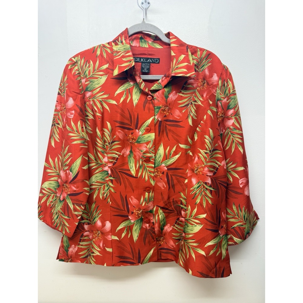 Silkland Womens Size 14 Button Front Jacket Shacket Coral Red Floral Silk #44